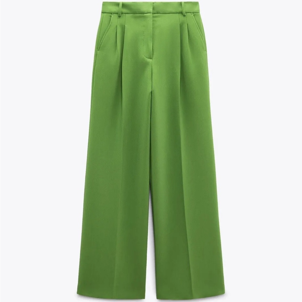 🍏 ZARA Green Trousers Pants High Mid Rise S 2 4 Office Wear to Work Pleated 🍏